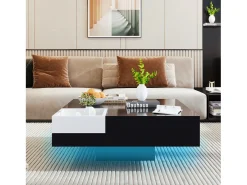 Mesa de centro quadrada com caixa de armazenamento - 72 x 72 x 30 cm - LEDs - Aglomerado - Preto + branco