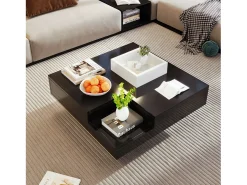 Mesa de centro quadrada com caixa de armazenamento - 72 x 72 x 30 cm - LEDs - Aglomerado - Preto + branco