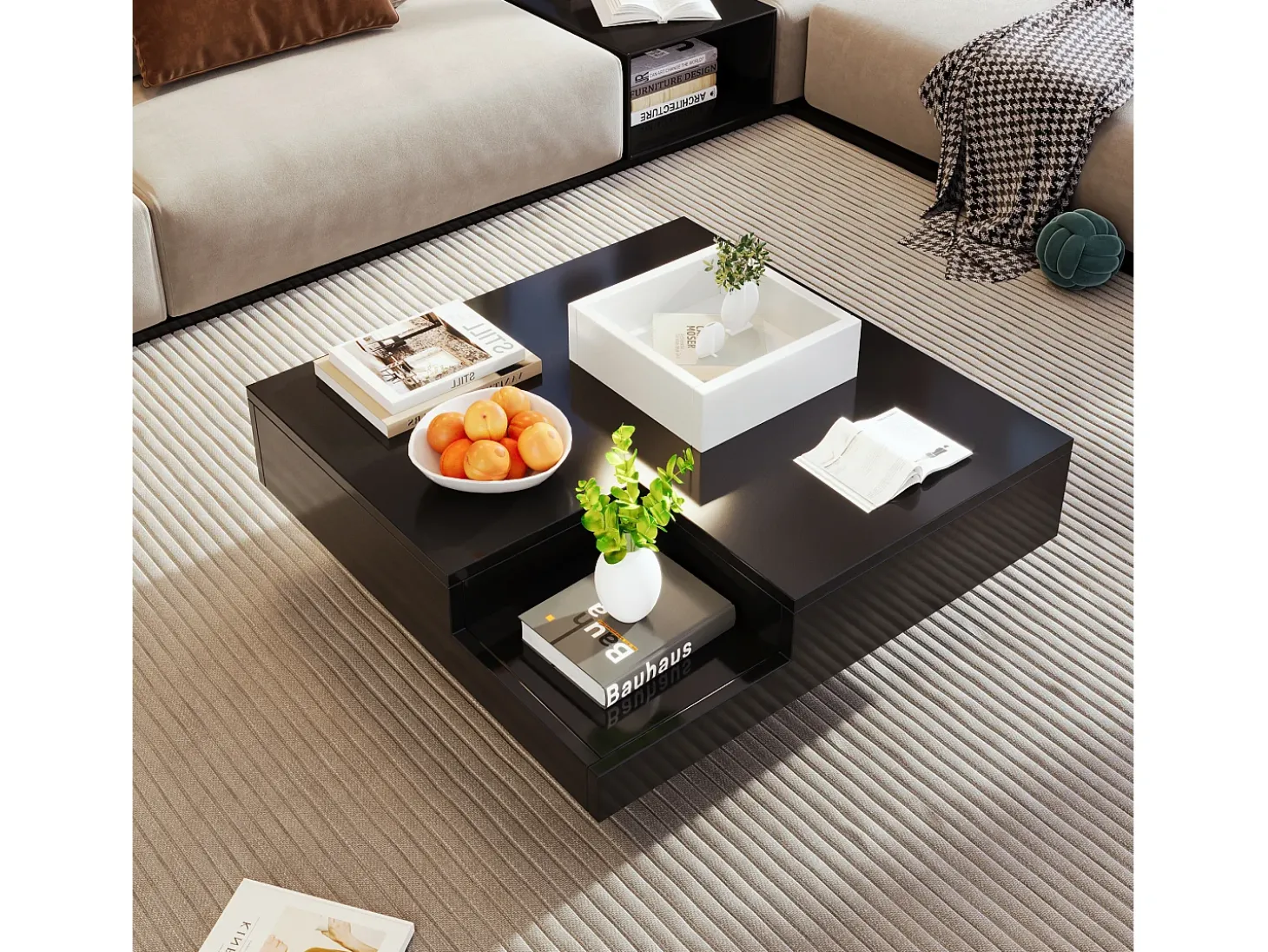 Mesa de centro quadrada com caixa de armazenamento - 72 x 72 x 30 cm - LEDs - Aglomerado - Preto + branco