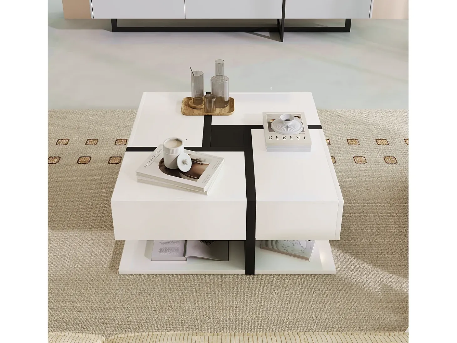 Mesa de centro quadrada em alto brilho com 4 gavetas, Aglomerado, Branco, 78 x 78 x 36 cm