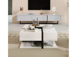 Mesa de centro quadrada em alto brilho com 4 gavetas, Aglomerado, Branco, 78 x 78 x 36 cm