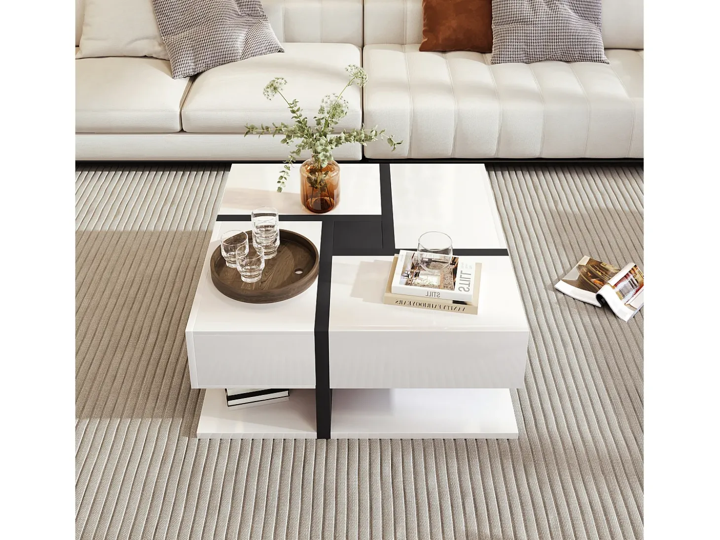 Mesa de centro quadrada em alto brilho com 4 gavetas, Aglomerado, Branco, 78 x 78 x 36 cm