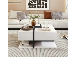 Mesa de centro quadrada em alto brilho com 4 gavetas, Aglomerado, Branco, 78 x 78 x 36 cm
