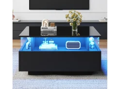 Mesa de centro quadrada 70x70x41cm com 2 gavetas e LED, corpo em laca preta brilhante