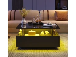 Mesa de centro quadrada 70x70x41cm com 2 gavetas e LED, corpo em laca preta brilhante