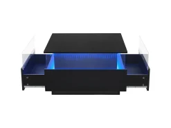 Mesa de centro quadrada 70x70x41cm com 2 gavetas e LED, corpo em laca preta brilhante