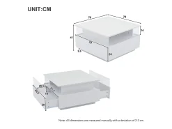 Mesa de centro quadrada 70x70x41cm com 2 gavetas e LED, corpo em laca branca brilhante