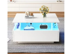Mesa de centro quadrada 70x70x41cm com 2 gavetas e LED, corpo em laca branca brilhante