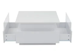 Mesa de centro quadrada 70x70x41cm com 2 gavetas e LED, corpo em laca branca brilhante