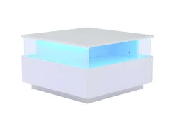 Mesa de centro quadrada 70x70x41cm com 2 gavetas e LED, corpo em laca branca brilhante