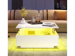 Mesa de centro quadrada 70x70x41cm com 2 gavetas e LED, corpo em laca branca brilhante