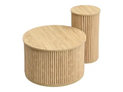 Mesa de centro redonda - Conjunto de 2 - Riscas verticais - Cor madeira - Para sala e quarto