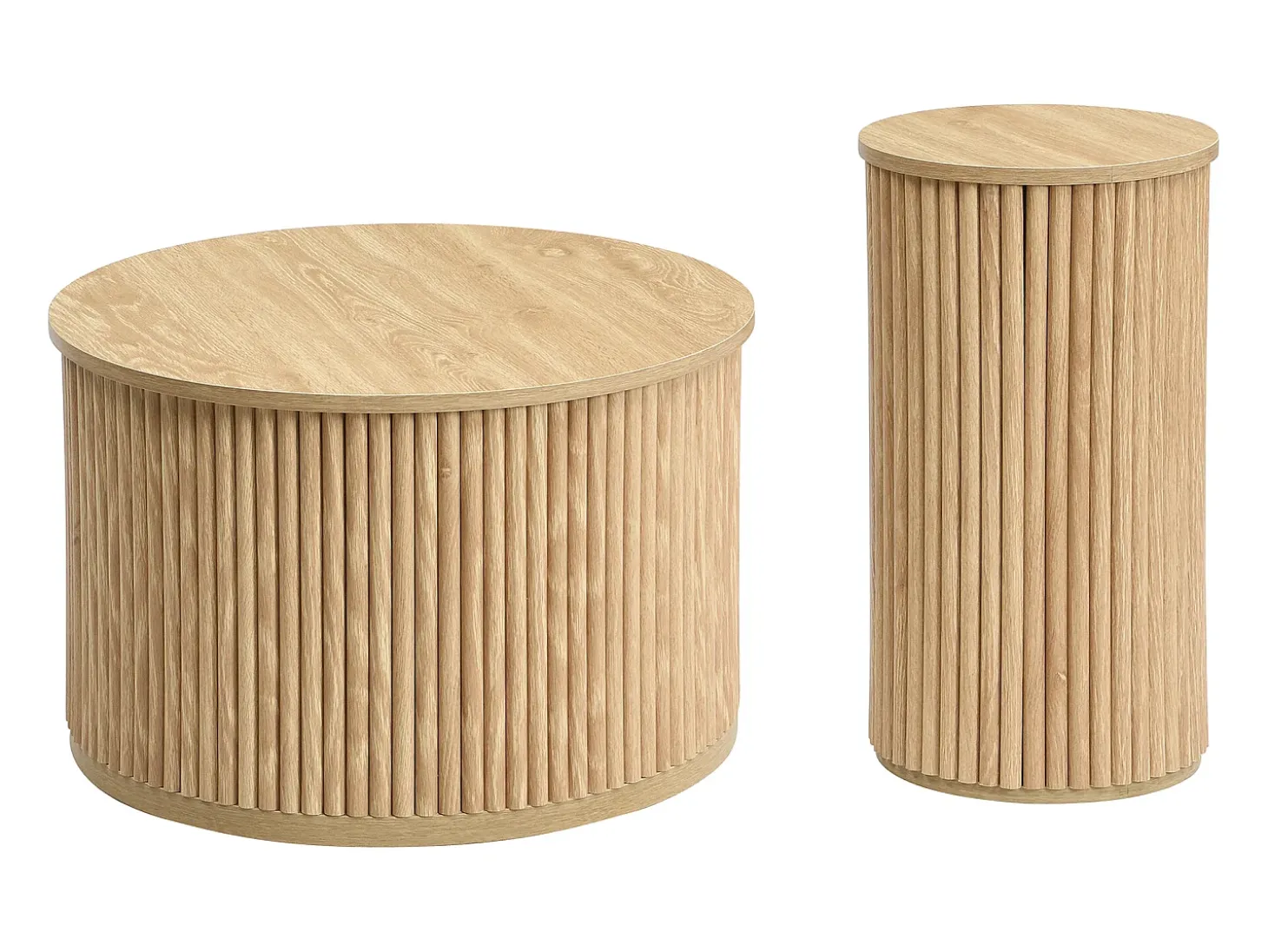 Mesa de centro redonda - Conjunto de 2 - Riscas verticais - Cor madeira - Para sala e quarto