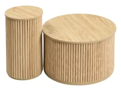 Mesa de centro redonda - Conjunto de 2 - Riscas verticais - Cor madeira - Para sala e quarto