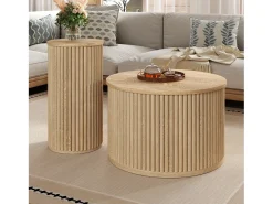 Mesa de centro redonda - Conjunto de 2 - Riscas verticais - Cor madeira - Para sala e quarto