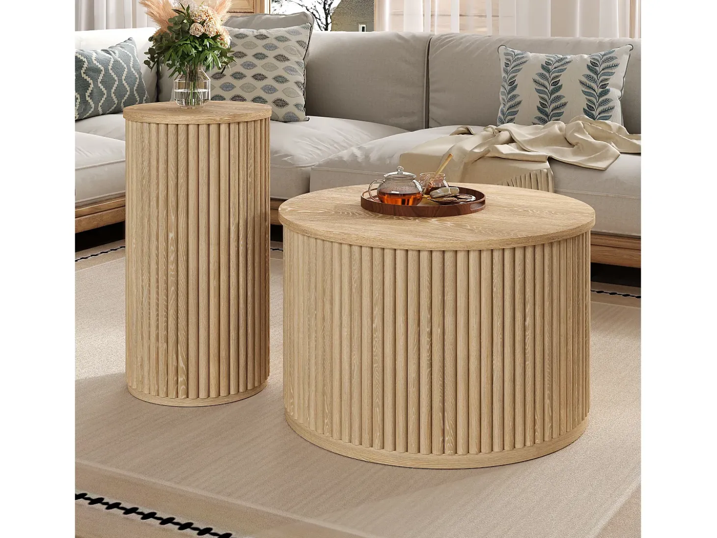 Mesa de centro redonda - Conjunto de 2 - Riscas verticais - Cor madeira - Para sala e quarto