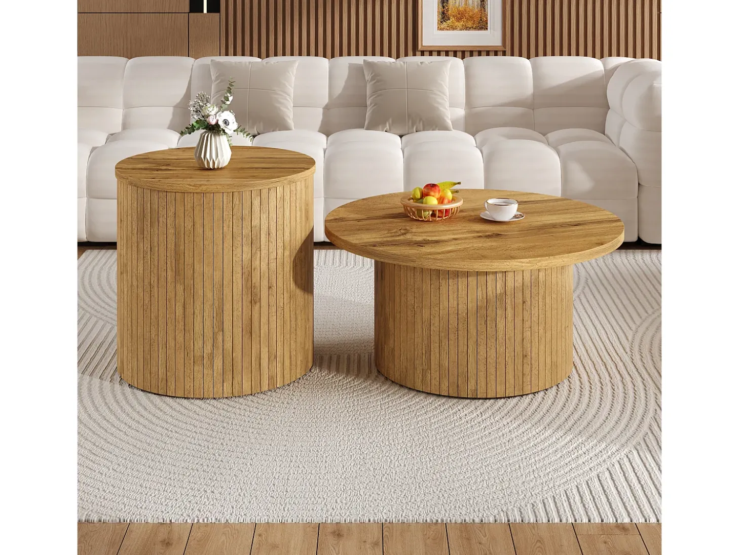 Mesa de centro redonda - Conjunto de 2 - Riscas verticais em madeira