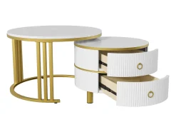 Mesa de centro redonda 2 em 1 - 70 x 70 x 46 cm + 50 x 50 x 40 cm - combinação de mesa de sala de estar com 2 gavetas - MDF - branco