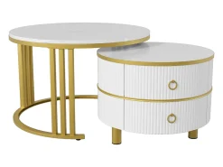 Mesa de centro redonda 2 em 1 - 70 x 70 x 46 cm + 50 x 50 x 40 cm - combinação de mesa de sala de estar com 2 gavetas - MDF - branco