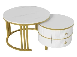 Mesa de centro redonda 2 em 1 - 70 x 70 x 46 cm + 50 x 50 x 40 cm - combinação de mesa de sala de estar com 2 gavetas - MDF - branco