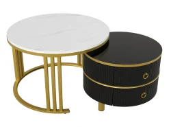 Mesa de centro redonda 2 em 1 - 70 x 70 x 46 cm + 50 x 50 x 40 cm - Combinação de mesa de centro com 2 gavetas - MDF - preto