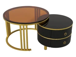 Mesa de centro redonda 2 em 1 - 70 x 70 x 46 cm + 50 x 50 x 40 cm - Combinação de mesa de centro com 2 gavetas - MDF - preto