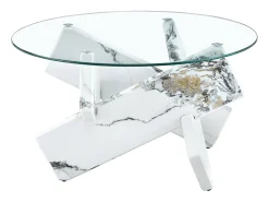 Mesa de centro redonda com pés em efeito mármore branco - Tampo em vidro