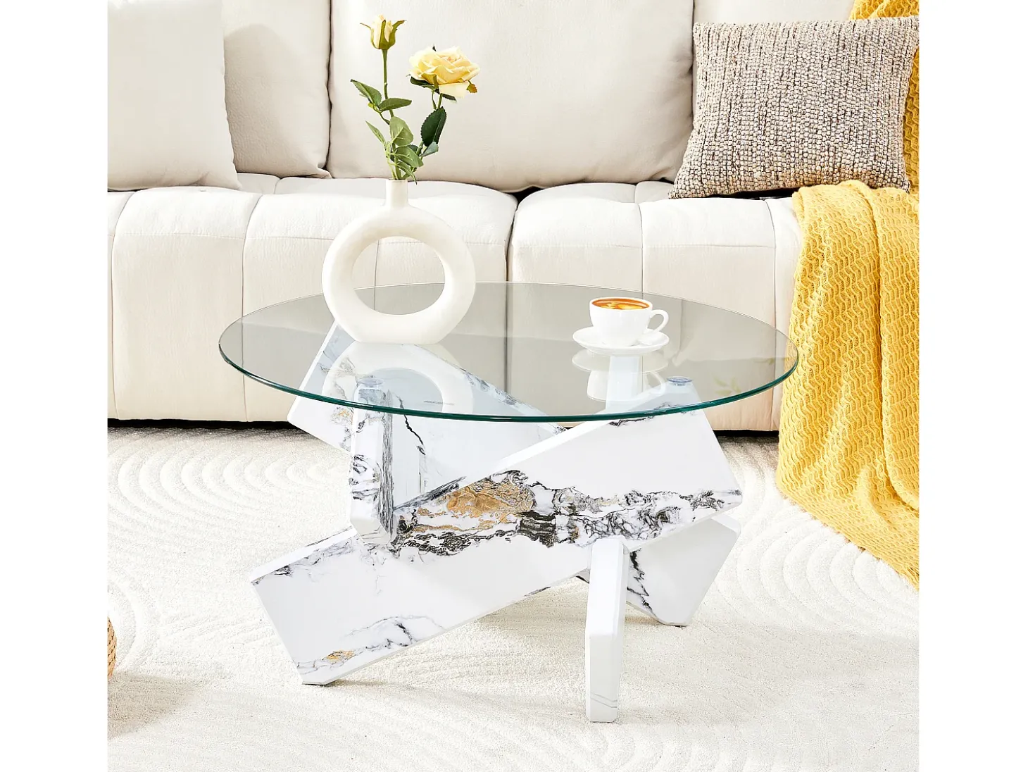Mesa de centro redonda com pés em efeito mármore branco - Tampo em vidro