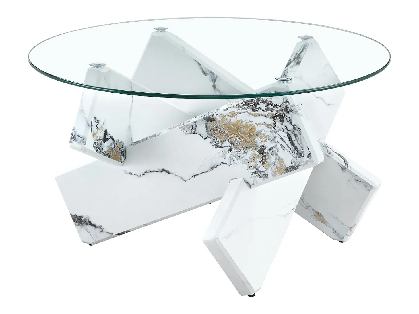 Mesa de centro redonda com pés em efeito mármore branco - Tampo em vidro