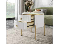 Mesa de centro redonda com 2 gavetas - 50x50x51cm - Madeira MDF - pés e puxadores dourados - branco