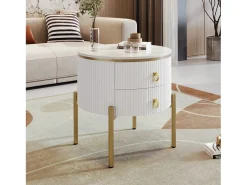 Mesa de centro redonda com 2 gavetas - 50x50x51cm - Madeira MDF - pés e puxadores dourados - branco