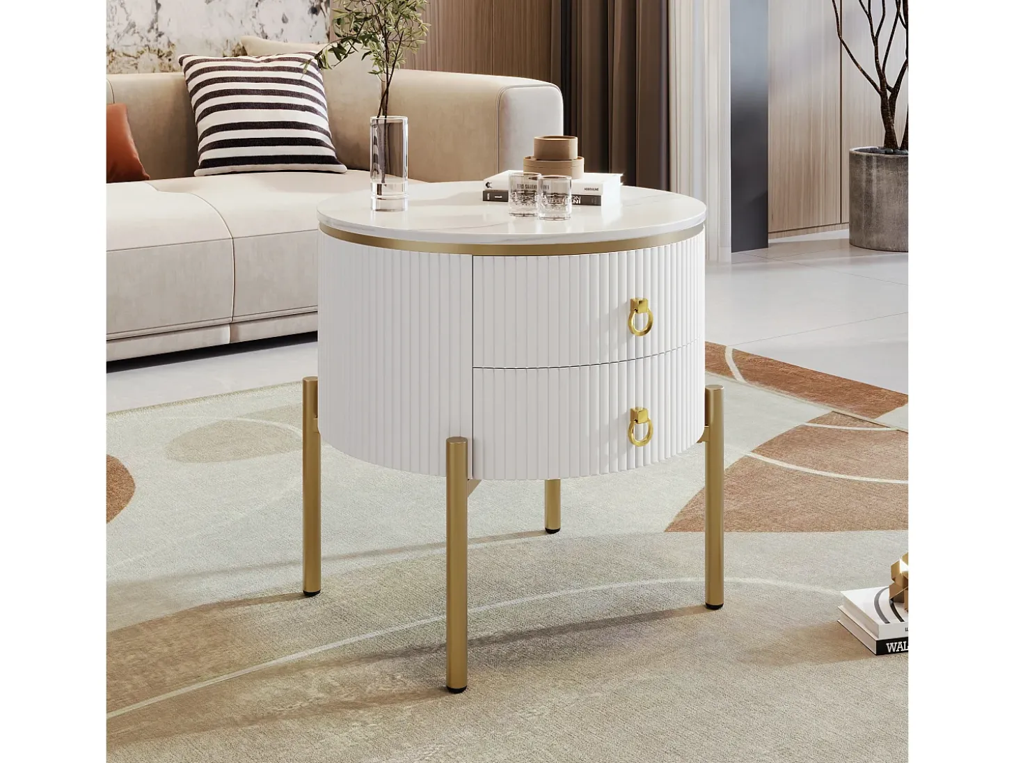 Mesa de centro redonda com 2 gavetas - 50x50x51cm - Madeira MDF - pés e puxadores dourados - branco