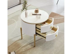 Mesa de centro redonda com 2 gavetas - 50x50x51cm - Madeira MDF - pés e puxadores dourados - branco
