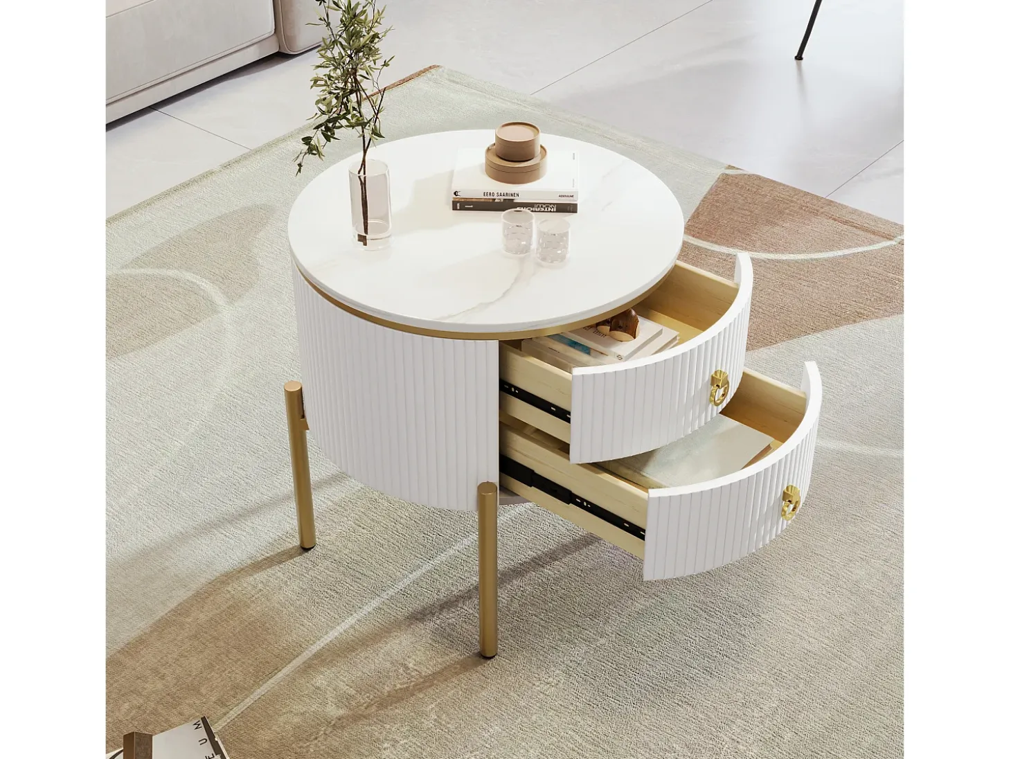 Mesa de centro redonda com 2 gavetas - 50x50x51cm - Madeira MDF - pés e puxadores dourados - branco