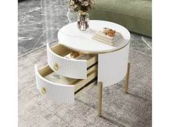 Mesa de centro redonda com 2 gavetas - 50x50x51cm - Madeira MDF - pés e puxadores dourados - branco
