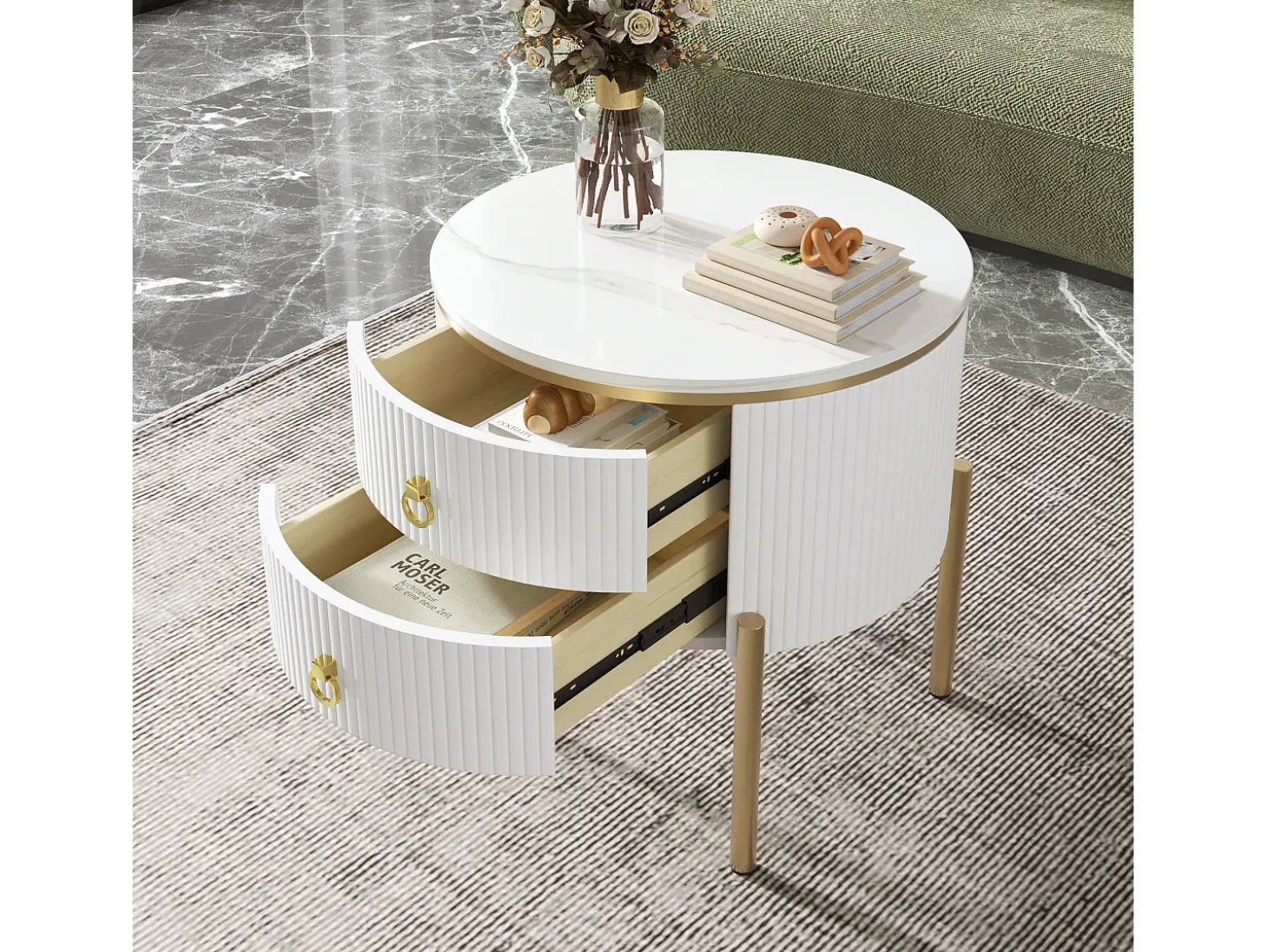 Mesa de centro redonda com 2 gavetas - 50x50x51cm - Madeira MDF - pés e puxadores dourados - branco