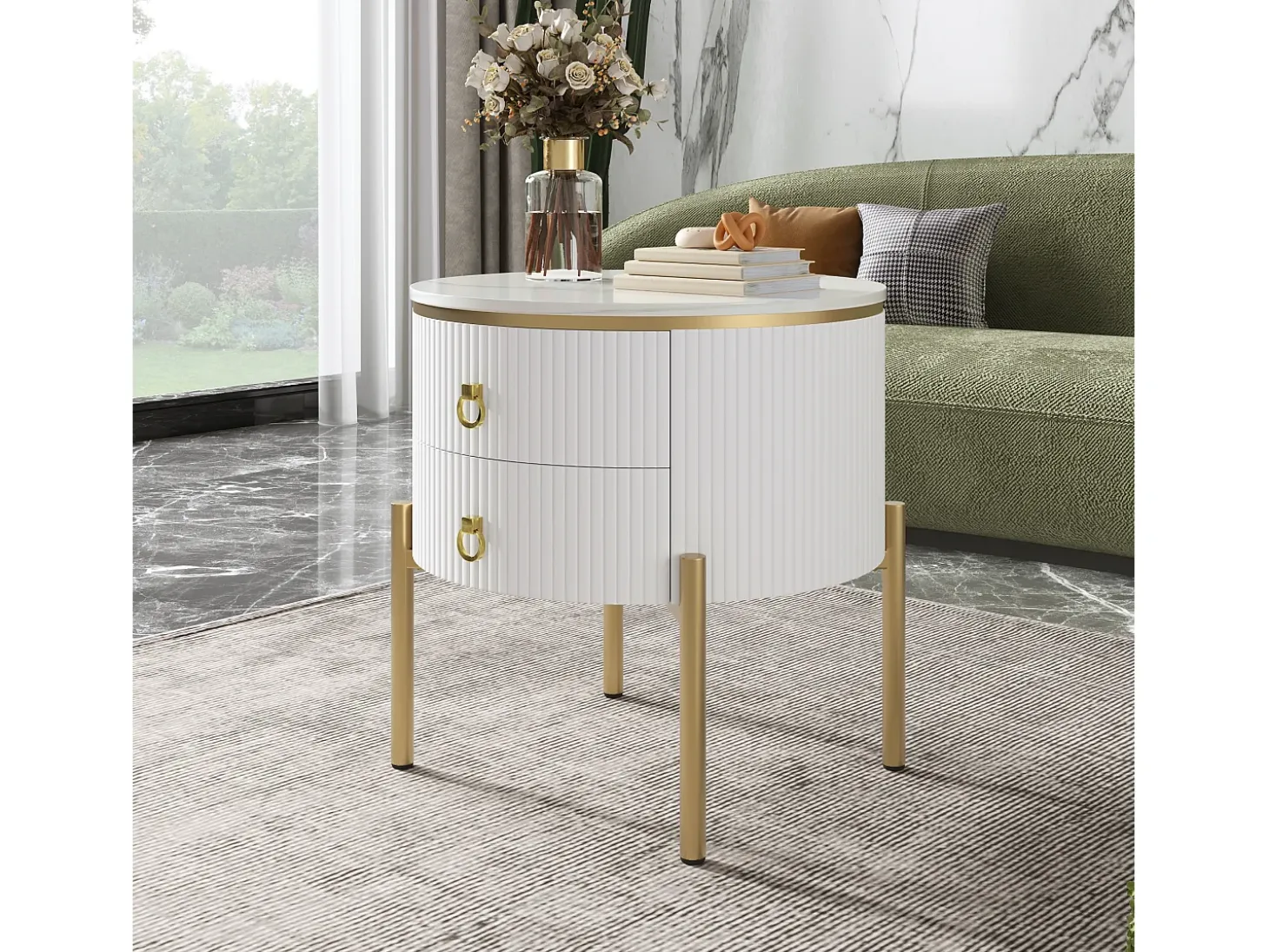 Mesa de centro redonda com 2 gavetas - 50x50x51cm - Madeira MDF - pés e puxadores dourados - branco
