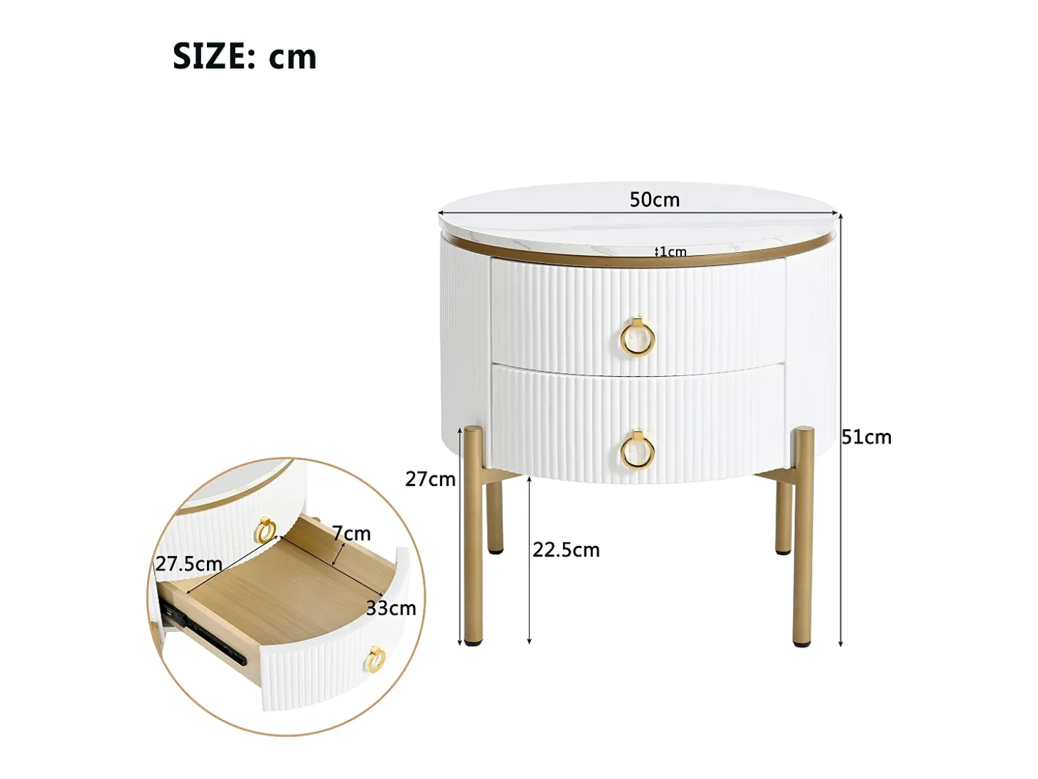 Mesa de centro redonda com 2 gavetas - 50x50x51cm - Madeira MDF - pés e puxadores dourados - branco