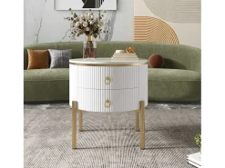 Mesa de centro redonda com 2 gavetas - 50x50x51cm - Madeira MDF - pés e puxadores dourados - branco