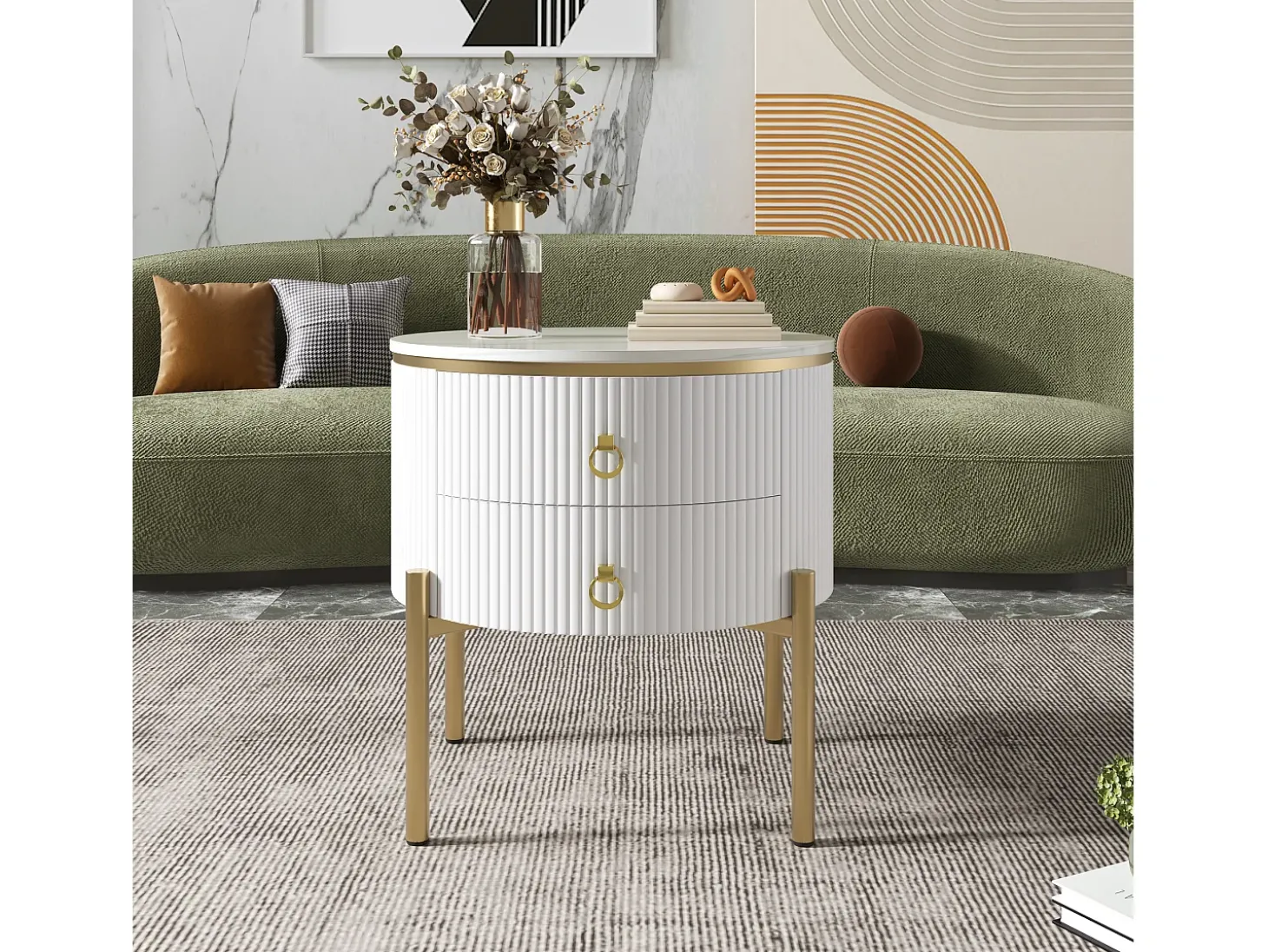 Mesa de centro redonda com 2 gavetas - 50x50x51cm - Madeira MDF - pés e puxadores dourados - branco