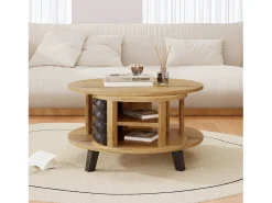Mesa de centro redonda com prateleiras giratórias - 85,2 x 80 x 45,2 cm - Aglomerado - Natural + Preto