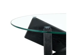 Mesa de centro redonda com pés em madeira preta e tampo em vidro.