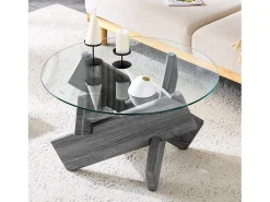 Mesa de centro redonda com pés em forma de cruz - Tampo em vidro - Madeira cinzenta