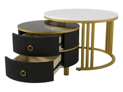 Mesa de centro redonda de encaixe com 2 gavetas - Madeira MDF - Preto e dourado