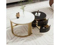 Mesa de centro redonda de encaixe com 2 gavetas - Madeira MDF - Preto e dourado