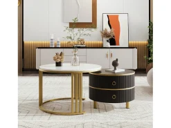 Mesa de centro redonda de encaixe com 2 gavetas - Madeira MDF - Preto e dourado