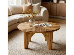 Mesa de Centro Redonda de Madeira Sólida de 80cm, Mesa de Centro Rustica com Pernas Curvas