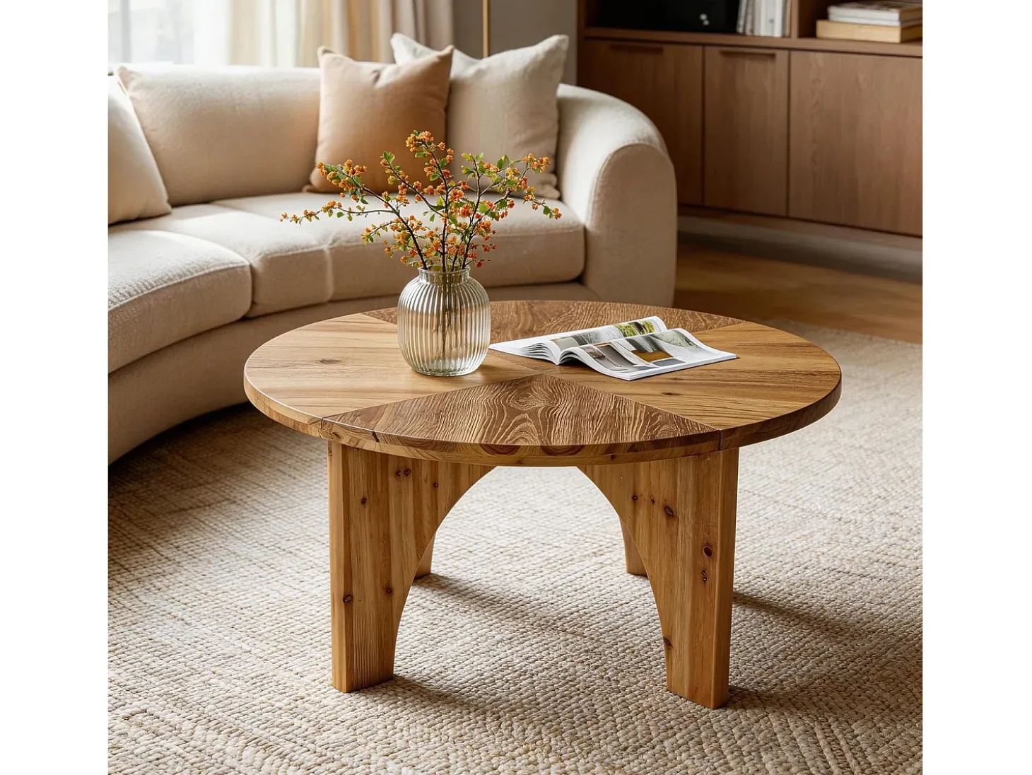Mesa de Centro Redonda de Madeira Sólida de 80cm, Mesa de Centro Rustica com Pernas Curvas