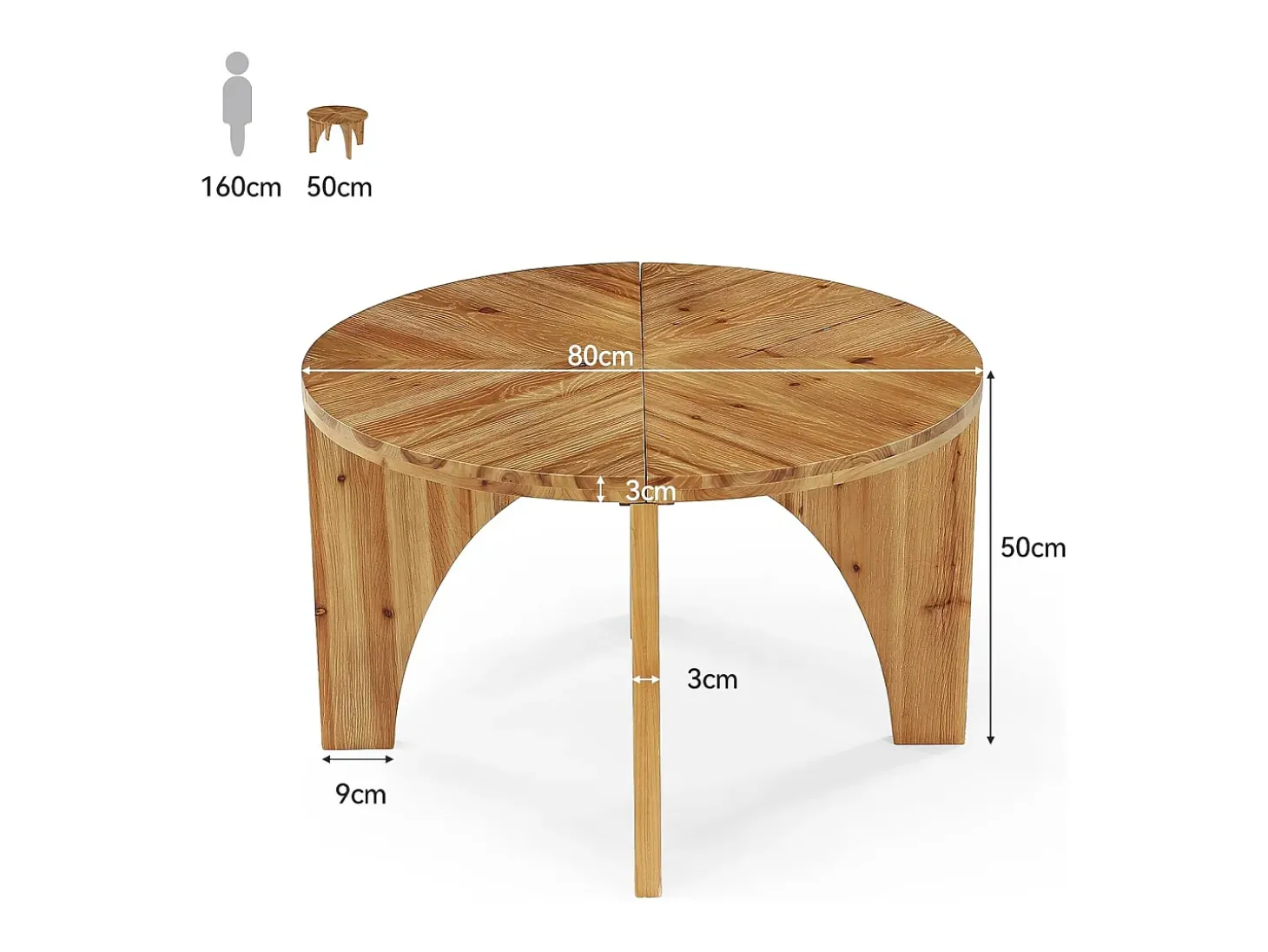 Mesa de Centro Redonda de Madeira Sólida de 80cm, Mesa de Centro Rustica com Pernas Curvas