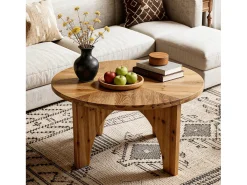 Mesa de Centro Redonda de Madeira Sólida de 80cm, Mesa de Centro Rustica com Pernas Curvas